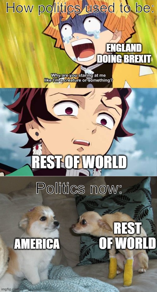 Is it really a political meme? | How politics used to be:; ENGLAND DOING BREXIT; REST OF WORLD; Politics now:; REST OF WORLD; AMERICA | image tagged in creepy stare,tanjirou and zenitsu | made w/ Imgflip meme maker