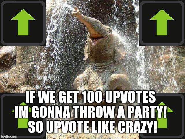 Upvote and lets partay! | IF WE GET 100 UPVOTES IM GONNA THROW A PARTY! SO UPVOTE LIKE CRAZY! | image tagged in upvote elephant | made w/ Imgflip meme maker