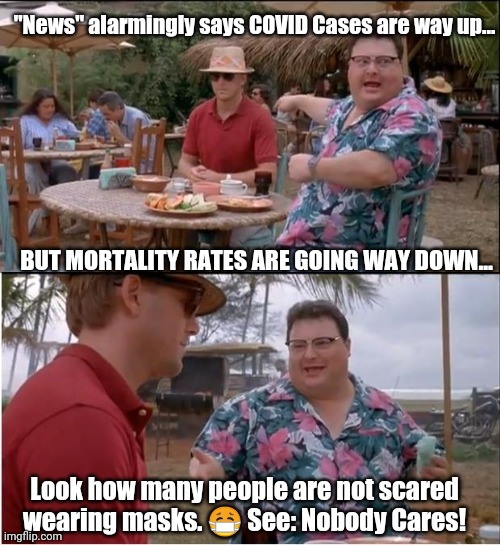 COVID "Cases" are up due to increased Testing but Mortality Rates are Way Down. Flu took a Vacation? USA leads world Recovery. | "News" alarmingly says COVID Cases are way up... BUT MORTALITY RATES ARE GOING WAY DOWN... Look how many people are not scared wearing masks. 😷 See: Nobody Cares! | image tagged in memes,see nobody cares,covid-19,fake news,no fear,the great awakening | made w/ Imgflip meme maker
