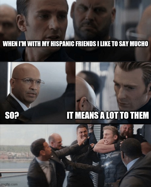 true dat | WHEN I'M WITH MY HISPANIC FRIENDS I LIKE TO SAY MUCHO; SO?                               IT MEANS A LOT TO THEM | image tagged in captain america elevator fight,true dat,facts,lol | made w/ Imgflip meme maker