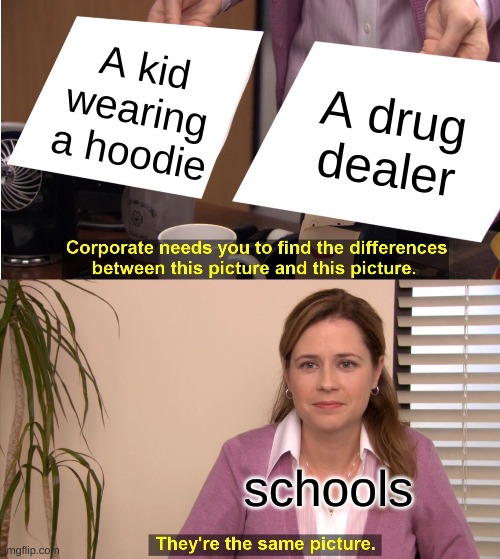 Hoodies are just comfortable | A kid wearing a hoodie; A drug dealer; schools | image tagged in memes,they're the same picture | made w/ Imgflip meme maker