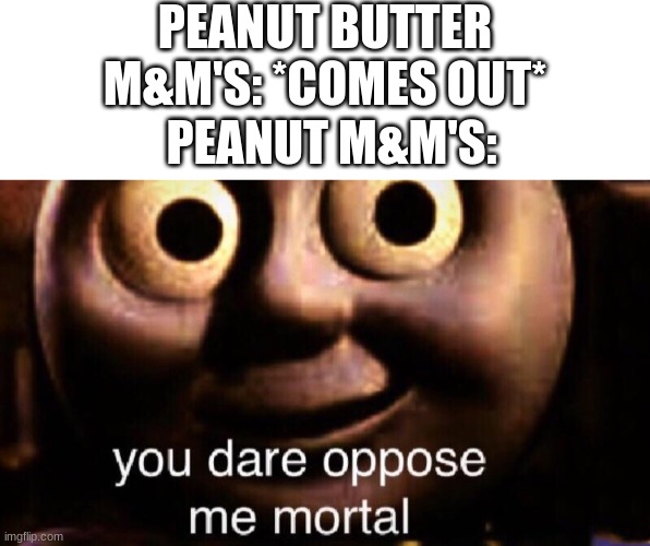 Idk | PEANUT BUTTER M&M'S: *COMES OUT*; PEANUT M&M'S: | image tagged in you dare oppose me mortal,funny,peanut butter | made w/ Imgflip meme maker