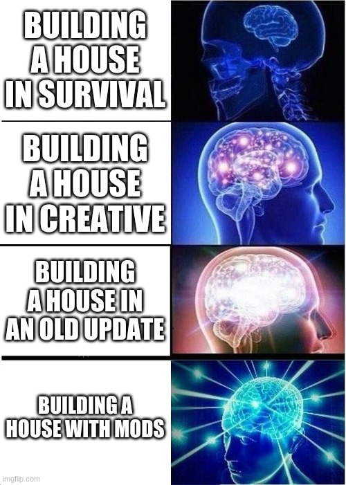 Expanding Brain | BUILDING A HOUSE IN SURVIVAL; BUILDING A HOUSE IN CREATIVE; BUILDING A HOUSE IN AN OLD UPDATE; BUILDING A HOUSE WITH MODS | image tagged in memes,expanding brain | made w/ Imgflip meme maker