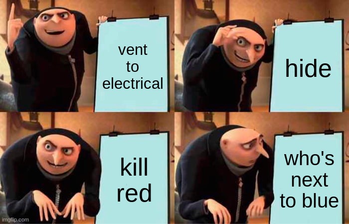 Gru's Plan Meme | vent to electrical; hide; kill red; who's next to blue | image tagged in memes,gru's plan | made w/ Imgflip meme maker