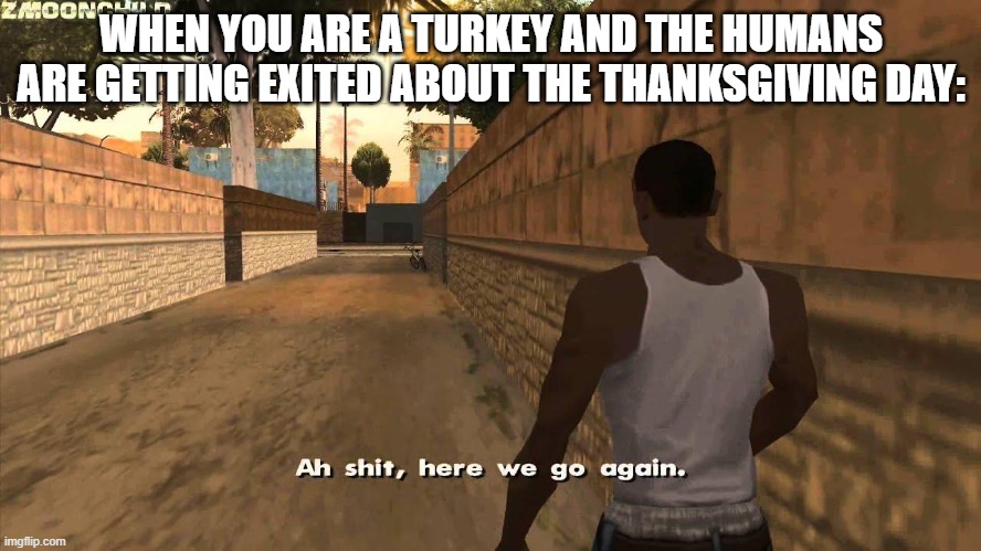 Here we go again | WHEN YOU ARE A TURKEY AND THE HUMANS ARE GETTING EXITED ABOUT THE THANKSGIVING DAY: | image tagged in here we go again | made w/ Imgflip meme maker