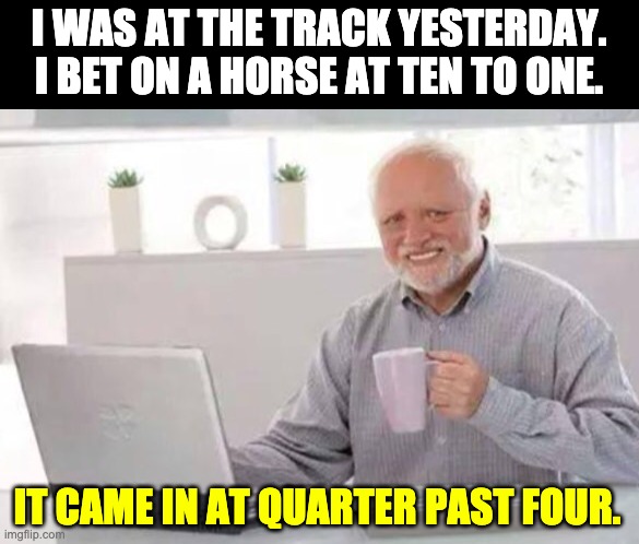 Horse racing | I WAS AT THE TRACK YESTERDAY. I BET ON A HORSE AT TEN TO ONE. IT CAME IN AT QUARTER PAST FOUR. | image tagged in harold | made w/ Imgflip meme maker