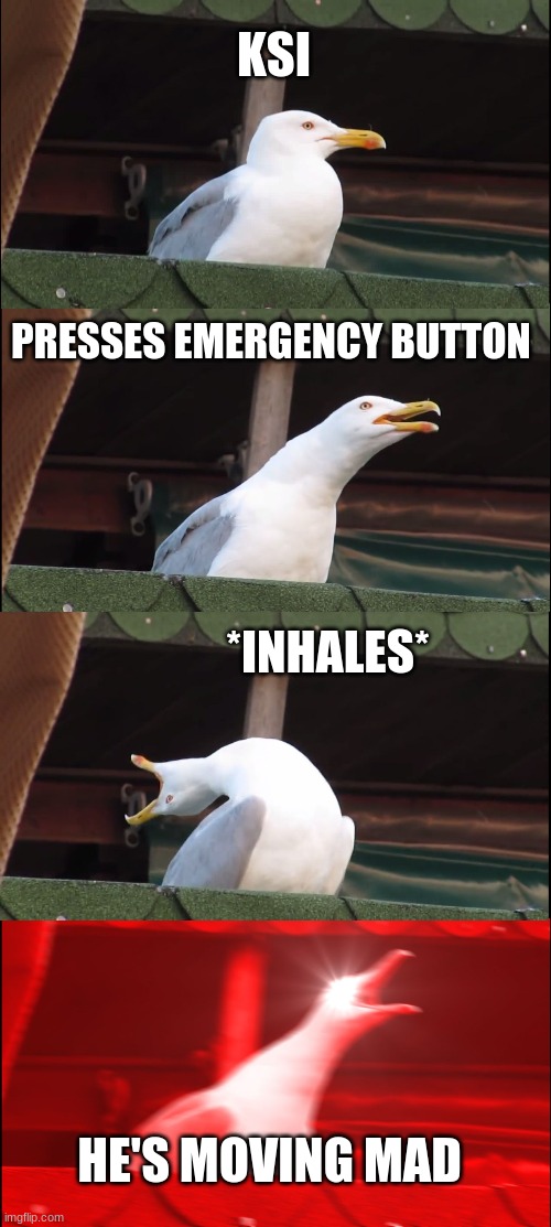 Inhaling Seagull | KSI; PRESSES EMERGENCY BUTTON; *INHALES*; HE'S MOVING MAD | image tagged in memes,inhaling seagull | made w/ Imgflip meme maker
