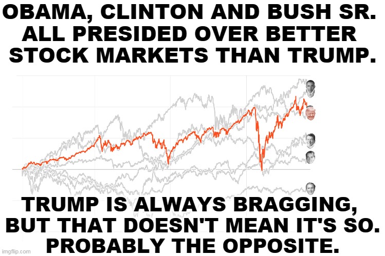 Trump continues to take credit for the Obama prosperity. | OBAMA, CLINTON AND BUSH SR. 
ALL PRESIDED OVER BETTER 
STOCK MARKETS THAN TRUMP. TRUMP IS ALWAYS BRAGGING, 
BUT THAT DOESN'T MEAN IT'S SO.
PROBABLY THE OPPOSITE. | image tagged in obama,stock market,good,trump,not,much wow | made w/ Imgflip meme maker