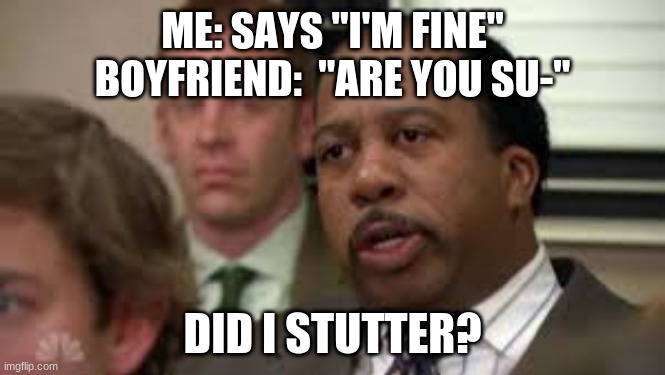 DiD I StUtTeR | ME: SAYS "I'M FINE"
BOYFRIEND:  "ARE YOU SU-"; DID I STUTTER? | image tagged in stanley hudson,the office,did i stutter | made w/ Imgflip meme maker