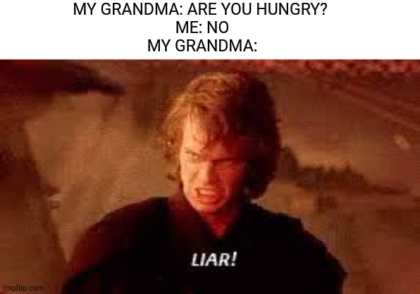 Anakin Liar | MY GRANDMA: ARE YOU HUNGRY? 
ME: NO
MY GRANDMA: | image tagged in anakin liar | made w/ Imgflip meme maker