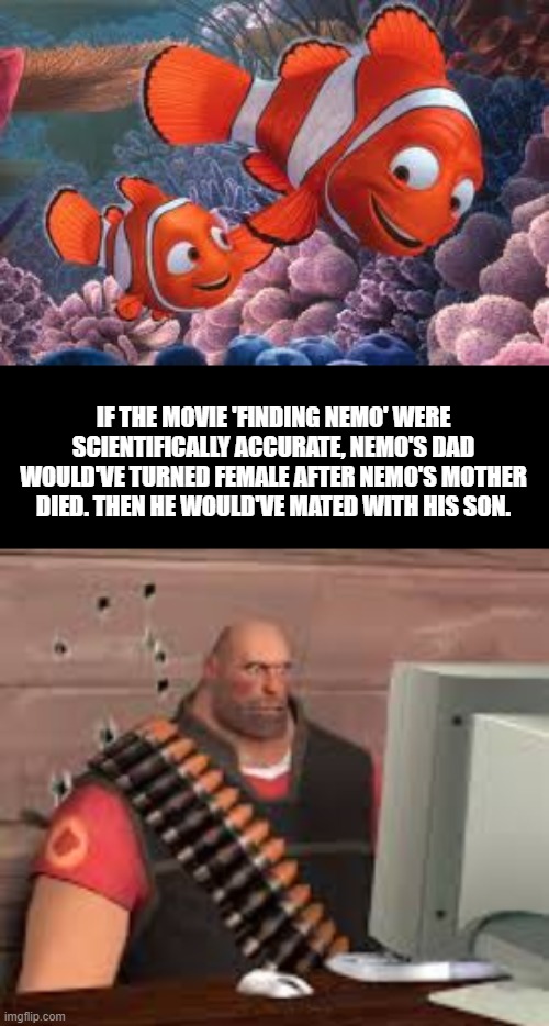 IF THE MOVIE 'FINDING NEMO' WERE SCIENTIFICALLY ACCURATE, NEMO'S DAD WOULD'VE TURNED FEMALE AFTER NEMO'S MOTHER DIED. THEN HE WOULD'VE MATED WITH HIS SON. | image tagged in memes,funny,gifs,pie charts,ha ha tags go brrr | made w/ Imgflip meme maker