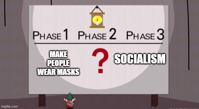 Masks = socialism? | SOCIALISM; MAKE PEOPLE WEAR MASKS | image tagged in underwear gnomes,face mask,paranoid,socialism | made w/ Imgflip meme maker