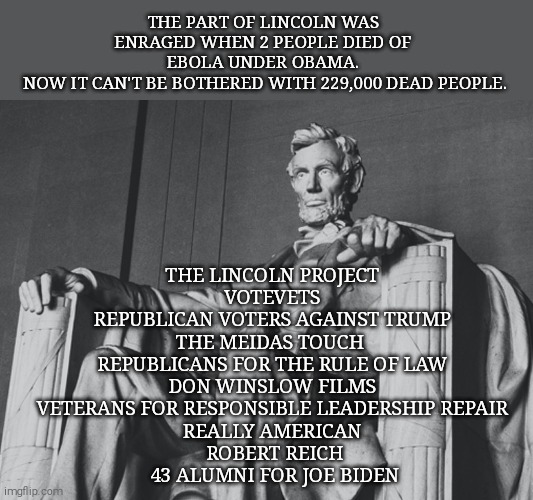 Many people won't even admit they vote for Trump. They know it's shameful. | THE PART OF LINCOLN WAS ENRAGED WHEN 2 PEOPLE DIED OF EBOLA UNDER OBAMA.
 NOW IT CAN'T BE BOTHERED WITH 229,000 DEAD PEOPLE. THE LINCOLN PROJECT 
VOTEVETS 
REPUBLICAN VOTERS AGAINST TRUMP 
THE MEIDAS TOUCH  
REPUBLICANS FOR THE RULE OF LAW 
DON WINSLOW FILMS 
VETERANS FOR RESPONSIBLE LEADERSHIP REPAIR 
REALLY AMERICAN 
ROBERT REICH
43 ALUMNI FOR JOE BIDEN | image tagged in memes,donald trump,covid-19,deaths,trump unfit unqualified dangerous | made w/ Imgflip meme maker