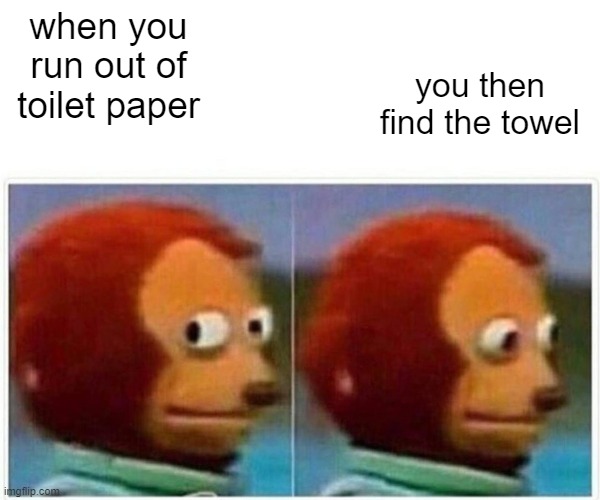 Monkey Puppet | you then find the towel; when you run out of toilet paper | image tagged in memes,monkey puppet | made w/ Imgflip meme maker