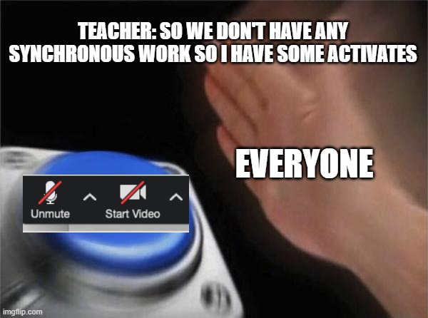 Blank Nut Button | TEACHER: SO WE DON'T HAVE ANY SYNCHRONOUS WORK SO I HAVE SOME ACTIVATES; EVERYONE | image tagged in school | made w/ Imgflip meme maker