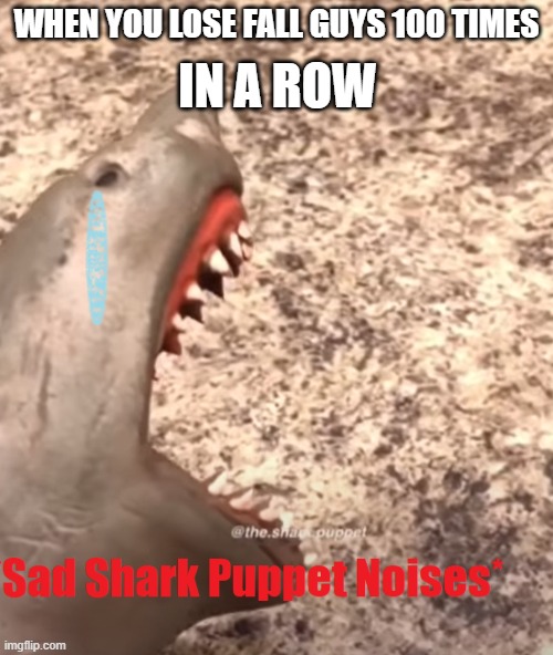 shark puppet is sad | WHEN YOU LOSE FALL GUYS 100 TIMES; IN A ROW | image tagged in shark puppet is sad | made w/ Imgflip meme maker