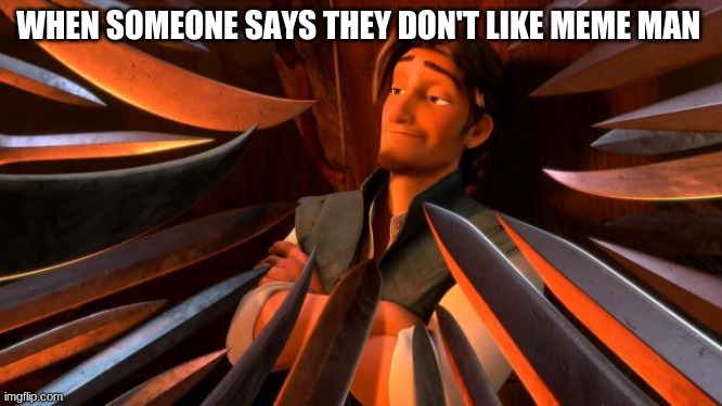 Flynn rider swords | WHEN SOMEONE SAYS THEY DON'T LIKE MEME MAN | image tagged in flynn rider swords | made w/ Imgflip meme maker