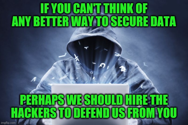 Two Factor Authorization | IF YOU CAN'T THINK OF ANY BETTER WAY TO SECURE DATA; PERHAPS WE SHOULD HIRE THE HACKERS TO DEFEND US FROM YOU | image tagged in hacker | made w/ Imgflip meme maker