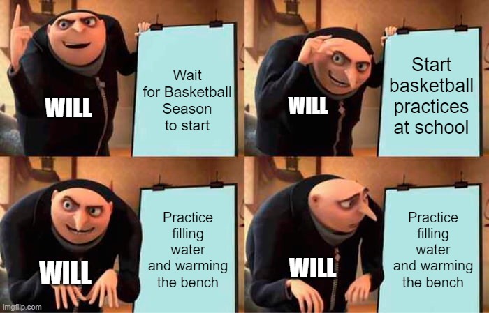 Gru's Plan | Wait for Basketball Season to start; Start basketball practices at school; WILL; WILL; Practice filling water and warming the bench; Practice filling water and warming the bench; WILL; WILL | image tagged in memes,gru's plan | made w/ Imgflip meme maker
