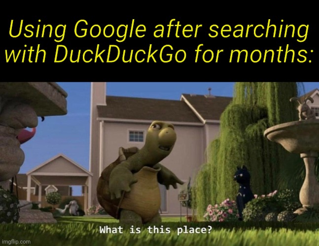 What is this place | Using Google after searching with DuckDuckGo for months: | image tagged in what is this place | made w/ Imgflip meme maker