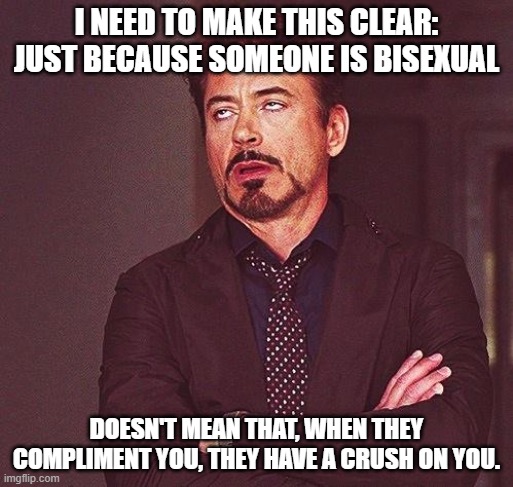 Robert Downey Jr Annoyed | I NEED TO MAKE THIS CLEAR: JUST BECAUSE SOMEONE IS BISEXUAL; DOESN'T MEAN THAT, WHEN THEY COMPLIMENT YOU, THEY HAVE A CRUSH ON YOU. | image tagged in robert downey jr annoyed | made w/ Imgflip meme maker