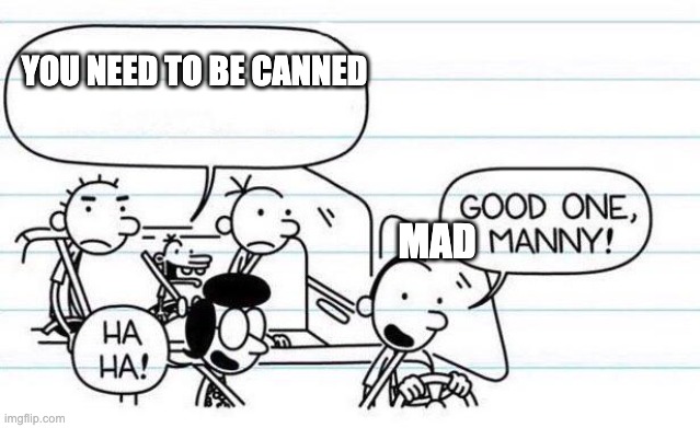 good one manny | YOU NEED TO BE CANNED; MAD | image tagged in good one manny | made w/ Imgflip meme maker