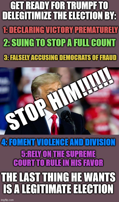 Gerrymandering, altering voter rolls, limiting polls, denaturalization, the USPS, etc... | GET READY FOR TRUMPF TO DELEGITIMIZE THE ELECTION BY:; 1: DECLARING VICTORY PREMATURELY; 2: SUING TO STOP A FULL COUNT; 3: FALSELY ACCUSING DEMOCRATS OF FRAUD; STOP HIM!!!!!! 4: FOMENT VIOLENCE AND DIVISION; 5:RELY ON THE SUPREME COURT TO RULE IN HIS FAVOR; THE LAST THING HE WANTS IS A LEGITIMATE ELECTION | image tagged in fascist,traitor,rigged election | made w/ Imgflip meme maker