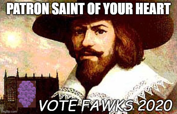 guy fawkes | PATRON SAINT OF YOUR HEART; VOTE FAWKS 2020 | image tagged in guy fawkes | made w/ Imgflip meme maker