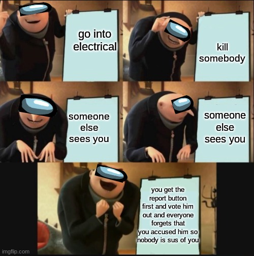 impostor Gru | kill somebody; go into electrical; someone else sees you; someone else sees you; you get the report button first and vote him out and everyone forgets that you accused him so nobody is sus of you | image tagged in 5 panel gru meme,imposter,among us | made w/ Imgflip meme maker