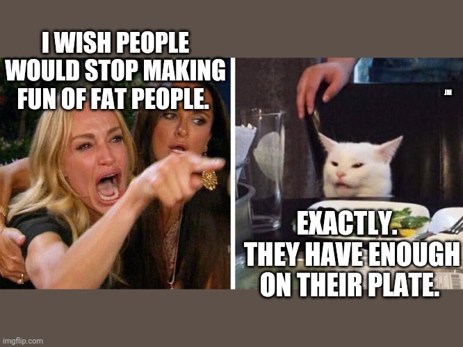 Smudge the cat | I WISH PEOPLE WOULD STOP MAKING FUN OF FAT PEOPLE. JM; EXACTLY.   THEY HAVE ENOUGH ON THEIR PLATE. | image tagged in smudge the cat | made w/ Imgflip meme maker