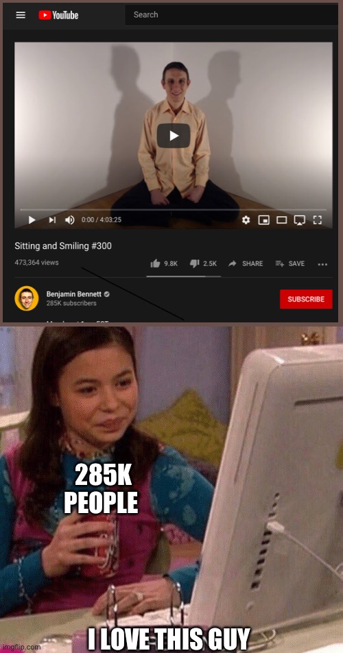 iCarly Interesting | 285K PEOPLE; I LOVE THIS GUY | image tagged in icarly interesting | made w/ Imgflip meme maker