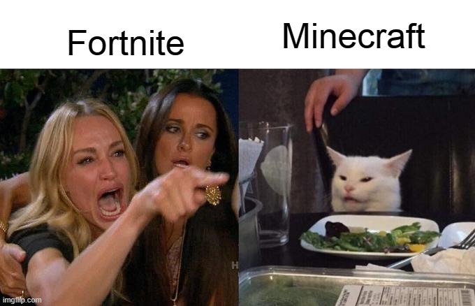 No, minecraft | Minecraft; Fortnite | image tagged in memes,woman yelling at cat,minecraft,fortnite | made w/ Imgflip meme maker
