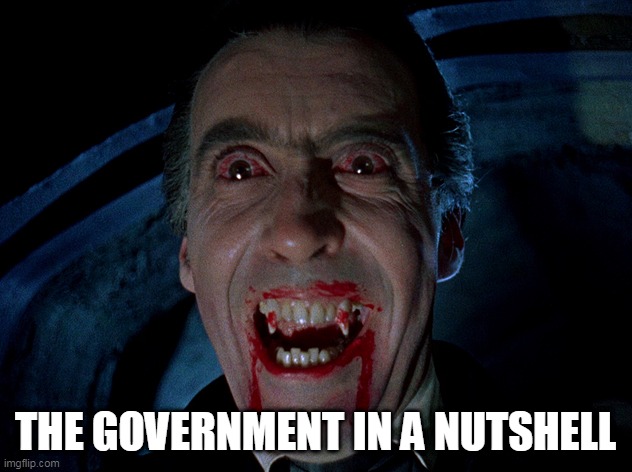 At Dawn It Sleeps | THE GOVERNMENT IN A NUTSHELL | image tagged in vampire,government,politics,vampires,anti government,anti-government | made w/ Imgflip meme maker