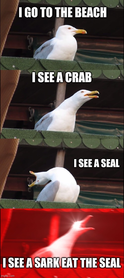 Inhaling Seagull | I GO TO THE BEACH; I SEE A CRAB; I SEE A SEAL; I SEE A SARK EAT THE SEAL | image tagged in memes,inhaling seagull | made w/ Imgflip meme maker