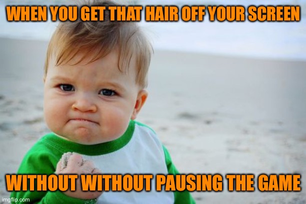 Success Kid Original | WHEN YOU GET THAT HAIR OFF YOUR SCREEN; WITHOUT WITHOUT PAUSING THE GAME | image tagged in memes,success kid original | made w/ Imgflip meme maker