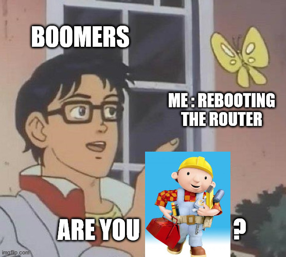 engineer? | BOOMERS; ME : REBOOTING THE ROUTER; ? ARE YOU | image tagged in memes,is this a pigeon | made w/ Imgflip meme maker