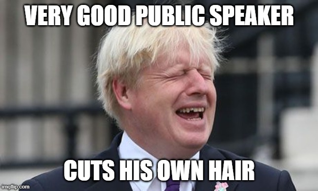 Boris Johnson | VERY GOOD PUBLIC SPEAKER; CUTS HIS OWN HAIR | image tagged in boris johnson | made w/ Imgflip meme maker