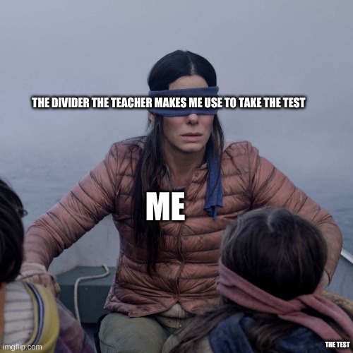 try to find were i put the test | THE DIVIDER THE TEACHER MAKES ME USE TO TAKE THE TEST; ME; THE TEST | image tagged in memes,bird box | made w/ Imgflip meme maker