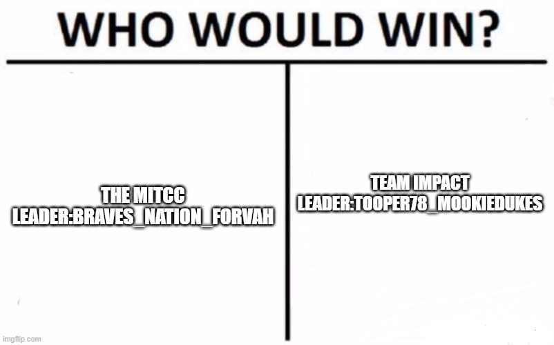 vote | THE MITCC
LEADER:BRAVES_NATION_FORVAH; TEAM IMPACT
LEADER:TOOPER78_MOOKIEDUKES | image tagged in memes,who would win | made w/ Imgflip meme maker