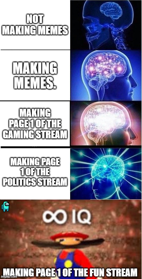 How Image-flip works. | NOT MAKING MEMES; MAKING MEMES. MAKING PAGE 1 OF THE GAMING STREAM; MAKING PAGE 1 OF THE POLITICS STREAM; MAKING PAGE 1 OF THE FUN STREAM | image tagged in memes,expanding brain | made w/ Imgflip meme maker