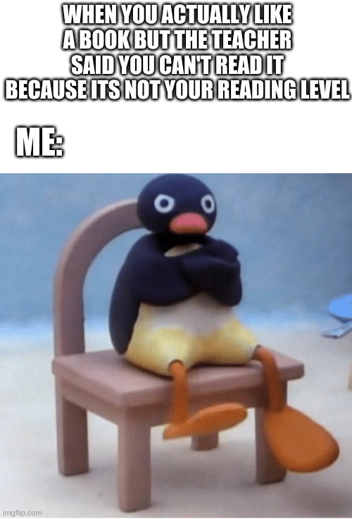 mmmmm | ME:; WHEN YOU ACTUALLY LIKE A BOOK BUT THE TEACHER SAID YOU CAN'T READ IT BECAUSE ITS NOT YOUR READING LEVEL | image tagged in angry penguin | made w/ Imgflip meme maker