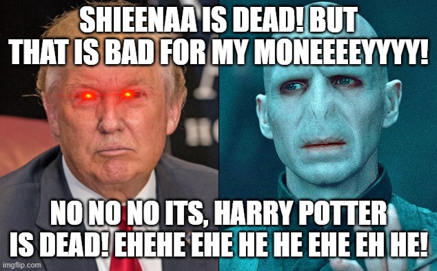 dead | SHIEENAA IS DEAD! BUT THAT IS BAD FOR MY MONEEEEYYYY! NO NO NO ITS, HARRY POTTER IS DEAD! EHEHE EHE HE HE EHE EH HE! | image tagged in voldemort and danold | made w/ Imgflip meme maker