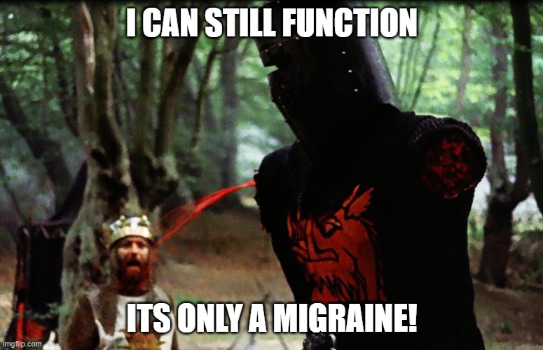 Monty Python Black Knight | I CAN STILL FUNCTION; ITS ONLY A MIGRAINE! | image tagged in monty python black knight | made w/ Imgflip meme maker