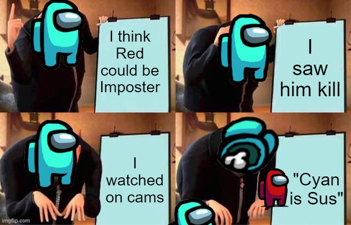 Gru's Plan Meme | I think Red could be Imposter; I saw him kill; I watched on cams; "Cyan is Sus" | image tagged in memes,gru's plan | made w/ Imgflip meme maker