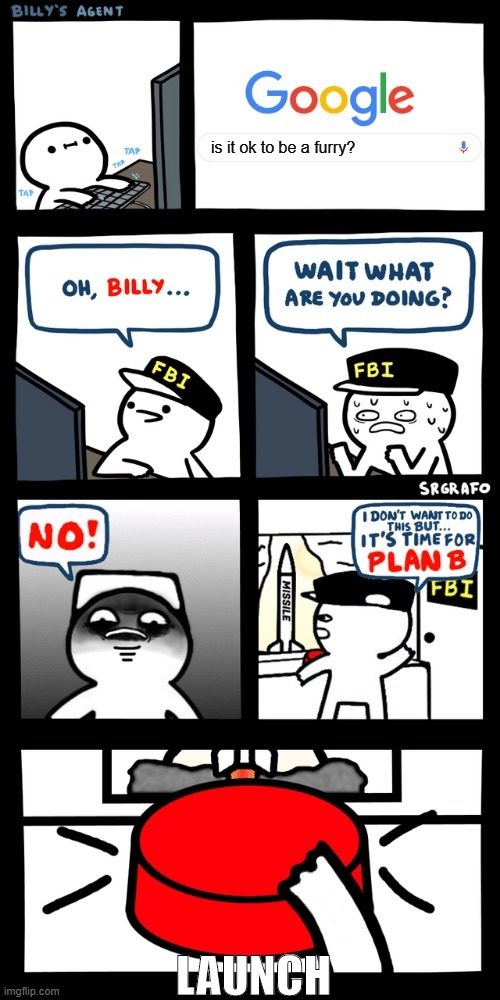 no billy no | is it ok to be a furry? LAUNCH | image tagged in billy s fbi agent plan b | made w/ Imgflip meme maker