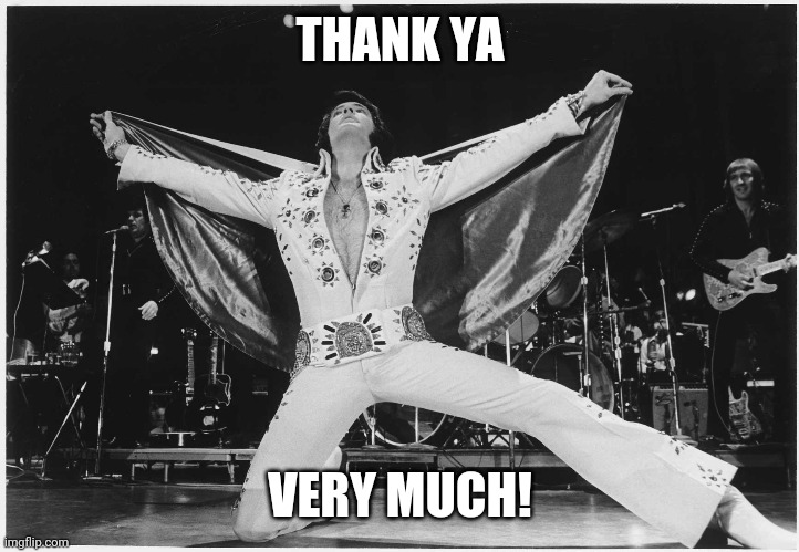 Elvis  | THANK YA VERY MUCH! | image tagged in elvis | made w/ Imgflip meme maker