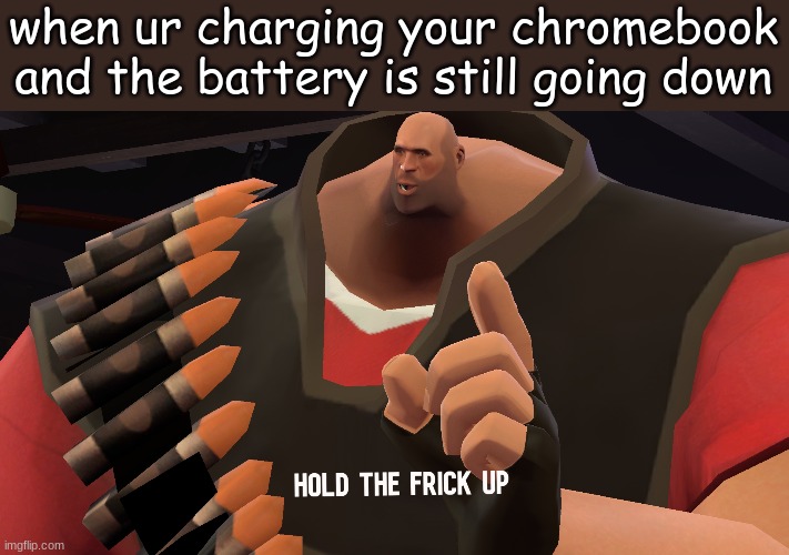 hol up, chum | when ur charging your chromebook and the battery is still going down | image tagged in hold the frick up | made w/ Imgflip meme maker