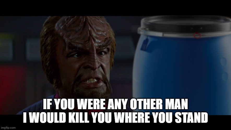 Worf barrel man |  IF YOU WERE ANY OTHER MAN I WOULD KILL YOU WHERE YOU STAND | image tagged in star trek,worf,barrel | made w/ Imgflip meme maker
