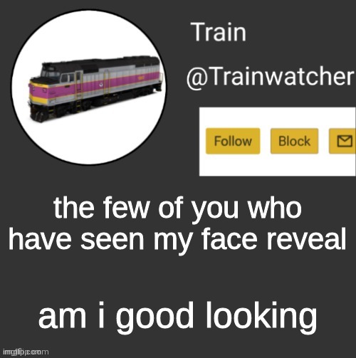 Trainwatcher Announcement | the few of you who have seen my face reveal; am i good looking | image tagged in trainwatcher announcement | made w/ Imgflip meme maker