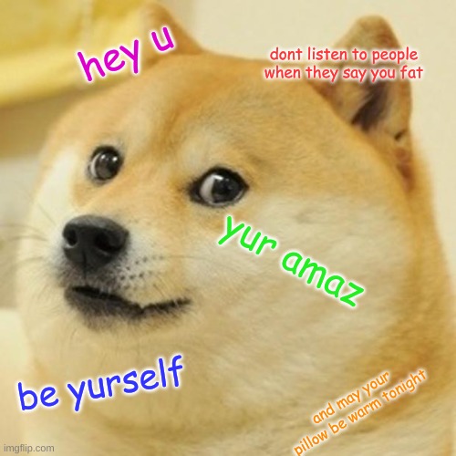 Doge Meme | hey u; dont listen to people when they say you fat; yur amaz; be yurself; and may your pillow be warm tonight | image tagged in memes,doge | made w/ Imgflip meme maker